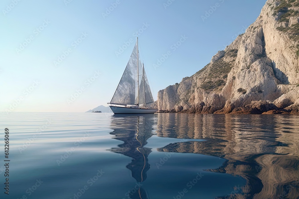 Sailboat on Open Waters: Island Rocks in Stunning Water-Level Photo ...