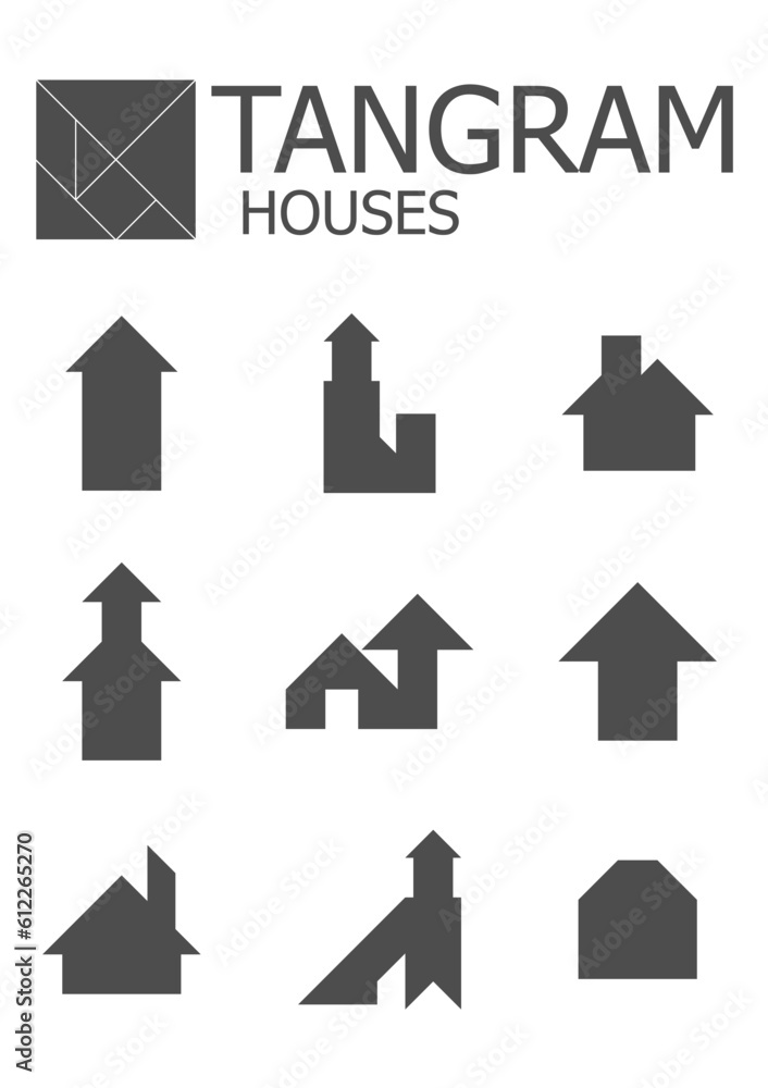 Tangram children brain game cutting transformation puzzle vector set. Set of vector tangram puzzles (geometric puzzle) for the development of logical thinking of children and adults. 