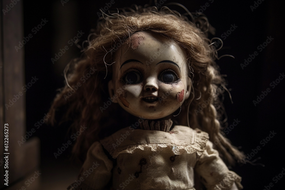 Cursed creepy doll, macro, closeup, Generative AI