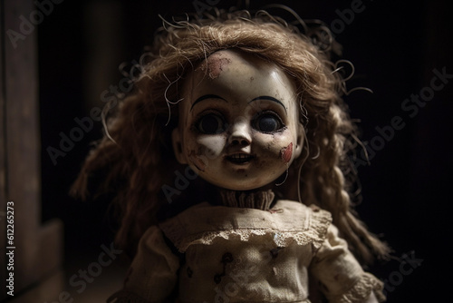 Cursed creepy doll, macro, closeup, Generative AI