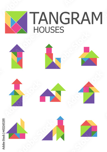 Educational logica kids game. Tangram. Puzzle. Printable worksheet for kids brain teaser book. Development of children spatial thinking skills. Vector illustration.