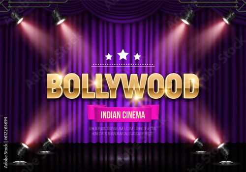 Bollywood indian cinema. Movie banner or poster on curtain background illuminated by spotlights. Vector illustration.