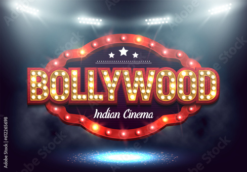 Bollywood indian cinema. Movie banner or poster with retro billboard illuminated by spotlights. Vector illustration.