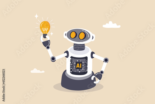 AI artificial intelligence technology to think and advice new idea, machine learning chatbot to support and help, innovation or automation, smart robot with AI chip thinking about new lightbulb idea.