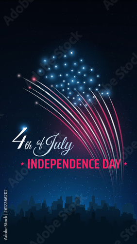 Banner 4th of july usa independence day. US flag fireworks over cityscape. Fourth of july, american national holiday. Poster with colorful fireworks on dark sky background. Vector illustration