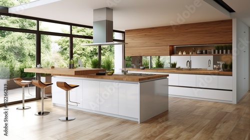 illustration, modern kitchen with island in white and brown color, ai generative