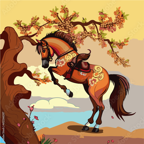 relax Horse eating Ants Climbing a Tree (Ma Yi Shang Shu), Horse character, artistic, print design, for t-shirt and case
