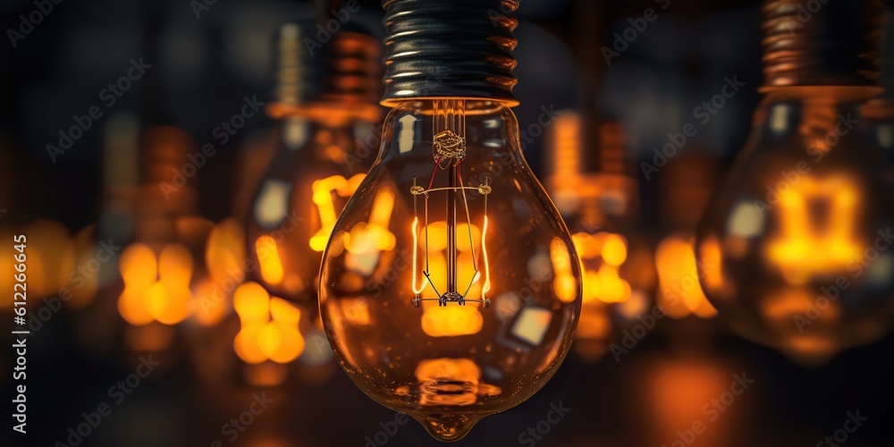 AI Generated. AI Generative. Hanging light bulbs on dark background. Cozy decoration indoor cafe or christmas party vibe. Graphic Art AI Generated. AI Generative. Hanging light bulbs on dark background. Cozy decoration indoor cafe or christmas party vibe. Graphic Art