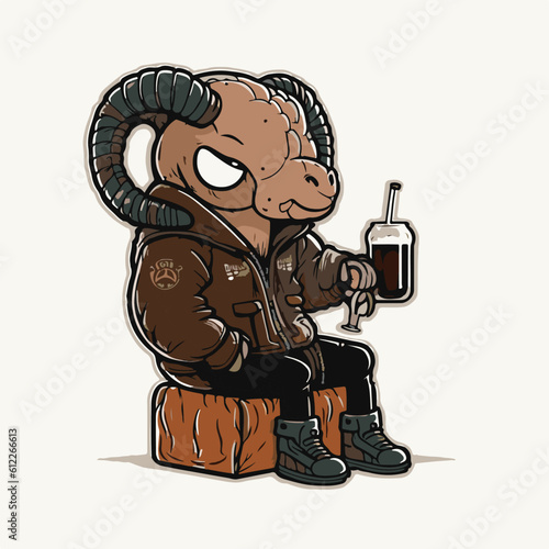 relax Ram drinking Calvados, Ram character, artistic, print design, for t-shirt and case
