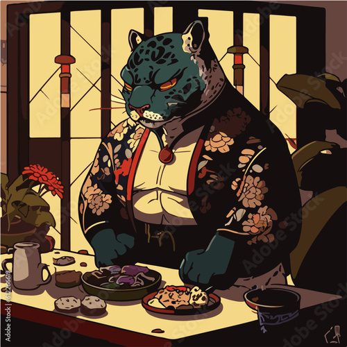 grumpy Panther eating Com Tam (Broken Rice with Grilled Pork), Panther character, artistic, print design, for t-shirt and case
