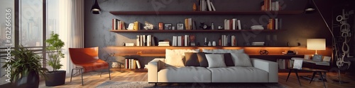 illustration, modern living room with beautiful furniture, website header, ai generative © Jorge Ferreiro