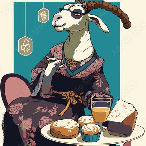 relax Goat eating Profiteroles, Goat character, artistic, print design, for t-shirt and case

