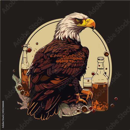 relax Eagle drinking Liqueur de Cassis, Eagle character, artistic, print design, for t-shirt and case
