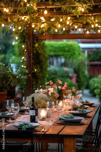 A beautifully set dining table outdoors under a pergola, adorned with fairy lights, for a summer garden party, signifying outdoor entertainment and stylish home decor