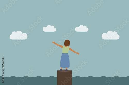little girl by the sea dream about flying in the clouds vector illustration EPS10