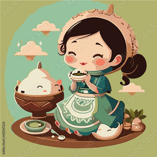 serenity Pig eating Banh Cuon (Steamed Rice Rolls), Pig character, artistic, print design, for t-shirt and case
