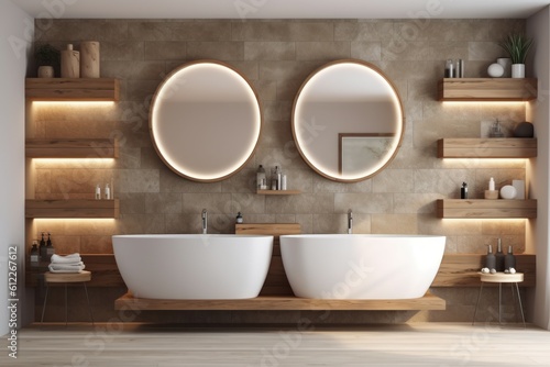 Modern wooden bathroom interior stylish. Generate Ai