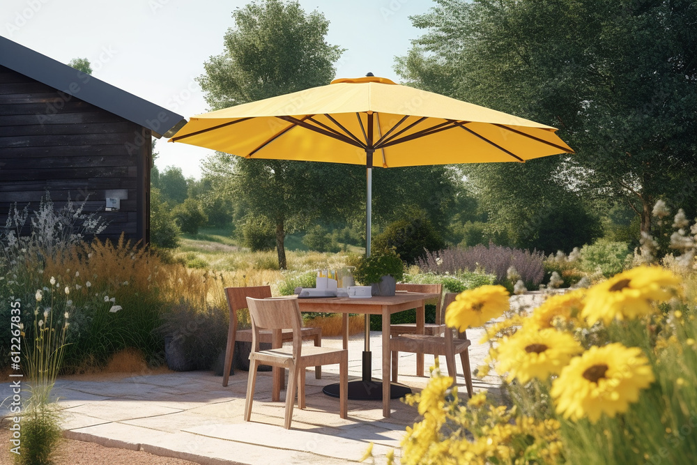 Table, chairs and Parasol in the garden