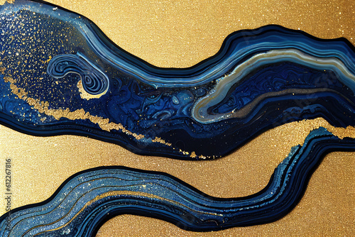 Blue and golden acrylic liquid ink swirl abstract background with ravishing turbulence wavy pattern and detailed texture. Luxury fluid liquid art by Generative AI.