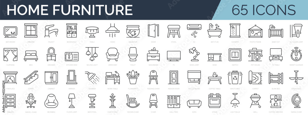 Set of 65 line icons related to home furniture, appiliance, decoration. Editable stroke. Outline icon collection. Vector illustration