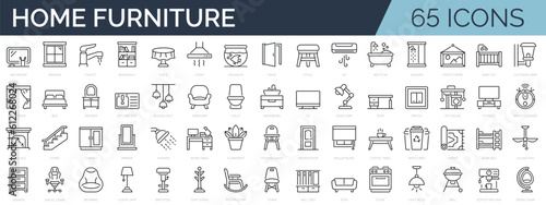 Set of 65 line icons related to home furniture, appiliance, decoration. Editable stroke. Outline icon collection. Vector illustration