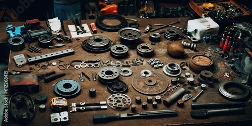 AI Generated. AI Generative. Car garage mechanic carpentry auto reapair tools equipment background. Graphic Art