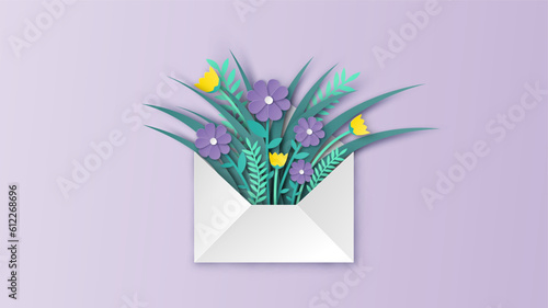 Flowers in envelope. Creative design for Envelope decorated with flowers in spring season. paper cut and craft style. vector, illustration.