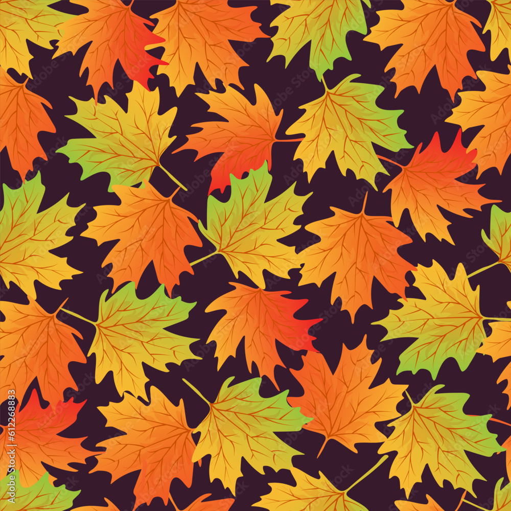 Seamless pattern with hand drawn colorful maple leaves.