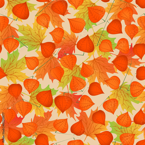 Seamless pattern with hand drawn branch with physalis and maple leaves.