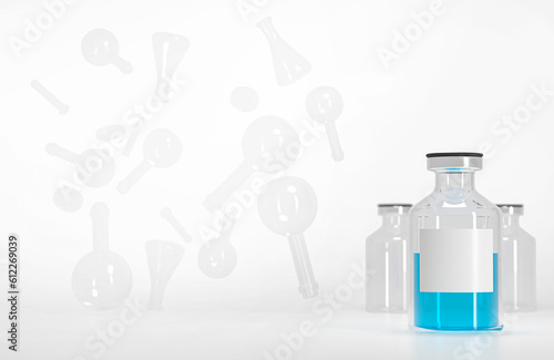 Drug vaccine. Medical jar, cosmetc container, serum with blue liquid isolated on white background. Empty space for ad text. 3d render illustration. 