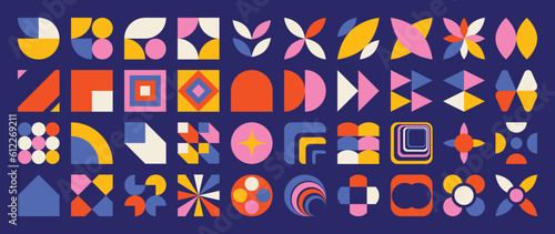 Set of abstract retro geometric shapes vector. Collection of contemporary figure, sparkle,square, flower in 70s groovy style. Bauhaus Memphis design element perfect for banner, print, stickers, decor.