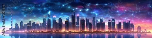 an illustration, background landscape with tall business towers, website header, ai generative