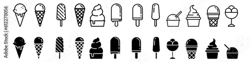 Ice cream vector icons set. Waffle cone illustration sign collection. Ice lolly symbol. Frozen juice logo.