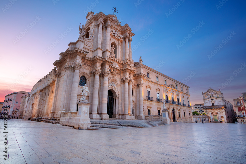 Syracuse, Sicily, Italy. Cityscape image of historical centre of Syracuse, Sicily, Italy with old square and Syracuse Cathedral at sunrise.