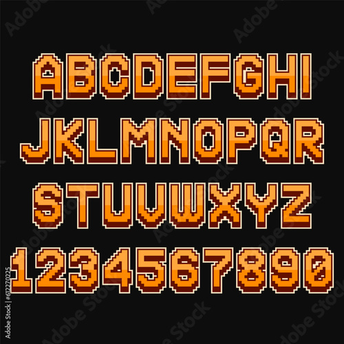 Pixel font. Retro alphabet for computer games, web sites. Vector letters and numbers.