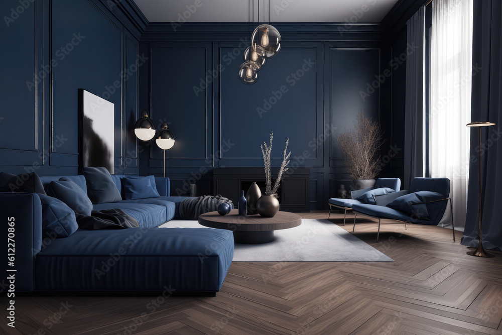 Minimalist Living room. Dark blue color palette. Centered perspective. Interior Design ...
