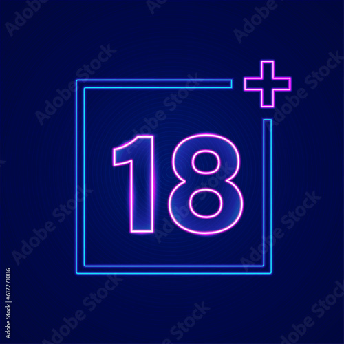 Glowing neon line Plus 18 movie icon isolated on black background.