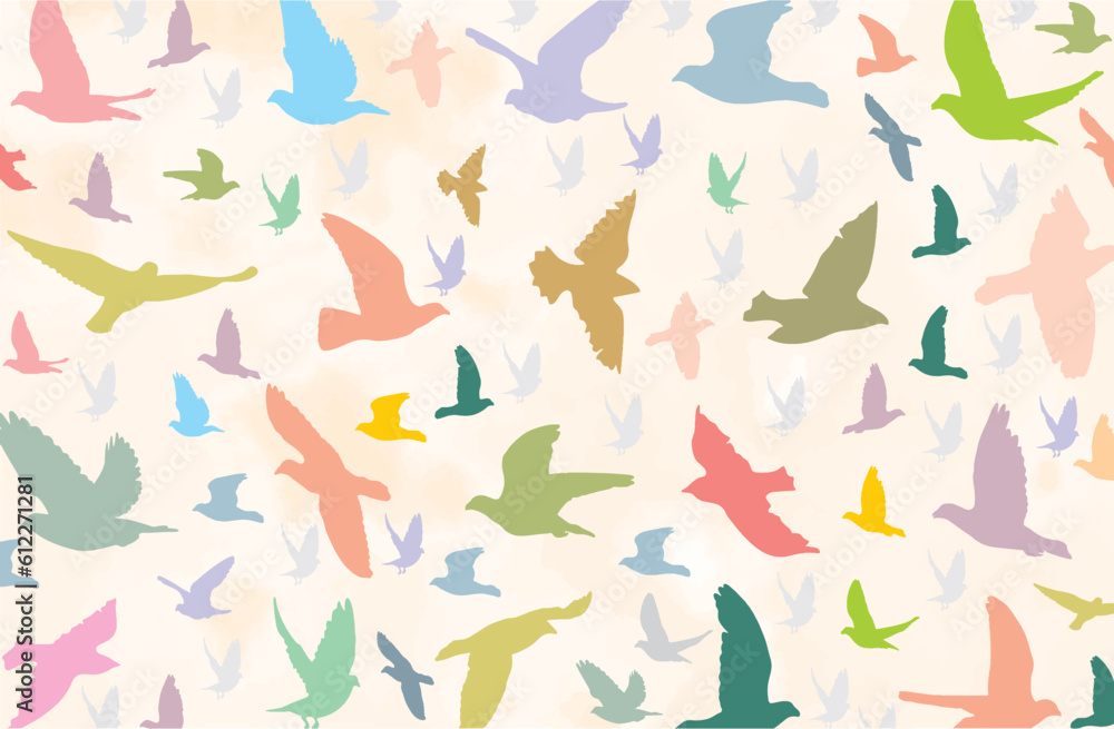  Different flying birds in soft colors scattered on cream background. Editable vector,Fabric design, high resolution image. Easy to change color. eps 10.