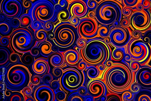 Wallpaper. Multi-coloured ornamental psychedelic spiral pattern on black background  modern abstract decor