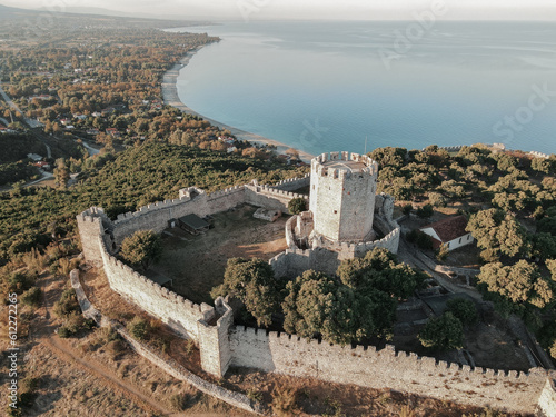 Drone photo of Platamon castle near the sea Greece summer photo