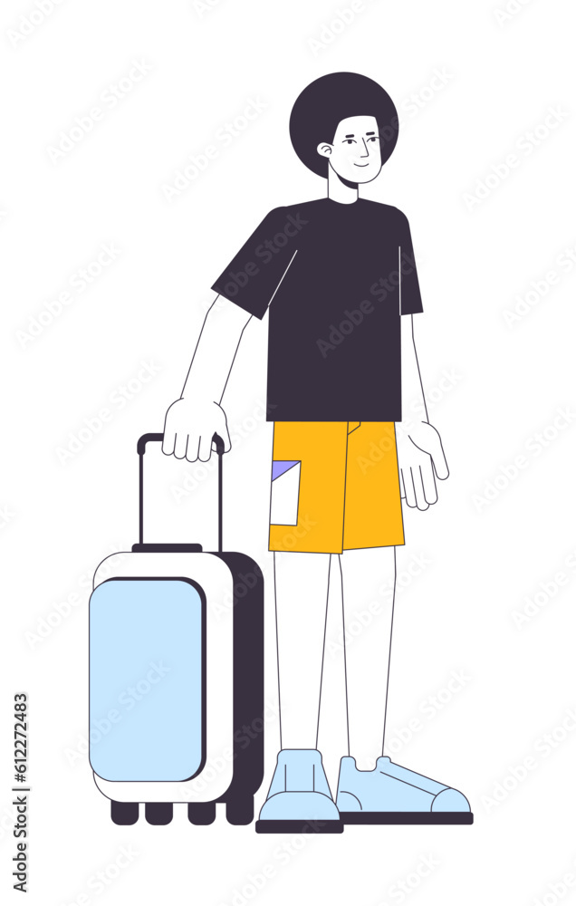 Afro hair man holding baggage flat line color vector character. Editable outline full body person on white. Traveller standing with luggage simple cartoon spot illustration for web graphic design Afro hair man holding baggage flat line color vector character. Editable outline full body person on white. Traveller standing with luggage simple cartoon spot illustration for web graphic design