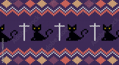 Knitted elements for happy Halloween, Cat and crosses. vector illustration, Seamless Knitted Pattern, Norway Festive Sweater Fair Isle Design.