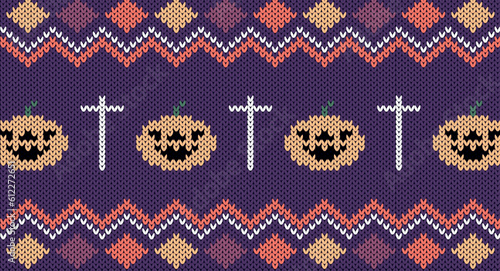 Knitted elements for happy Halloween, pumpkins and crosses. vector illustration, Seamless Knitted Pattern, Norway Festive Sweater Fair Isle Design.