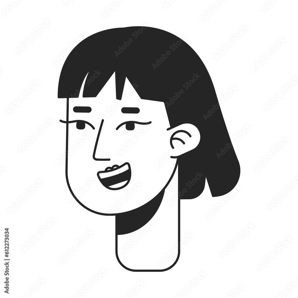 Cheerful young adult woman with neck length haircut monochrome flat linear character head. Editable outline hand drawn human face icon. 2D cartoon spot vector avatar illustration for animation
