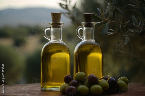 Olives oil bottles table. Generate Ai