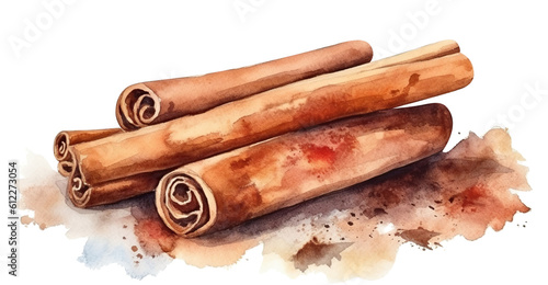 Watercolor drawing of delicious cinnamon sticks cut out. Based on Generative AI