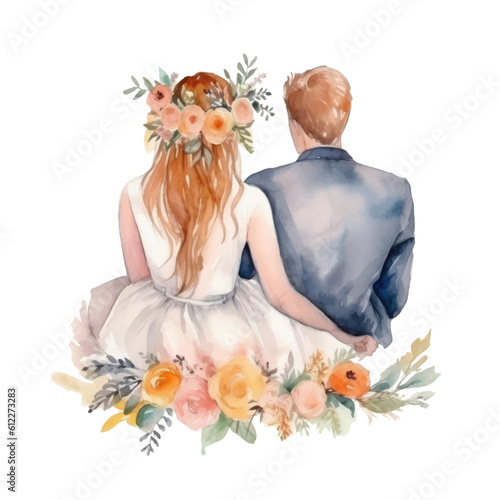 Watercolor illustration of newlyweds bride and groom sitting at the wedding ceremony back view.