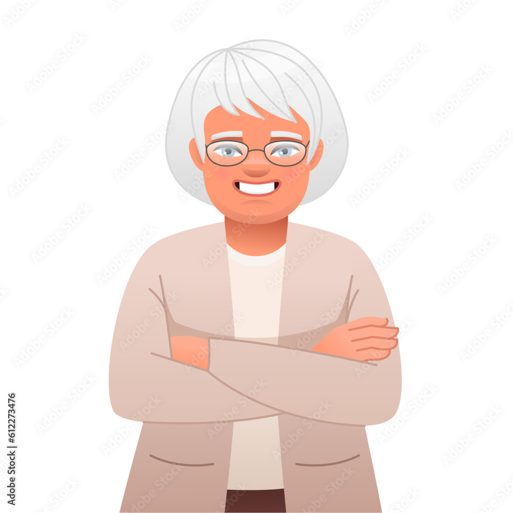 Happy elderly woman in glasses stands with her arms crossed. Smiling old gray-haired grandmother.