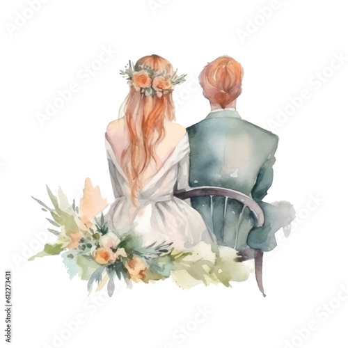 Watercolor illustration of newlyweds bride and groom sitting at the wedding ceremony back view.