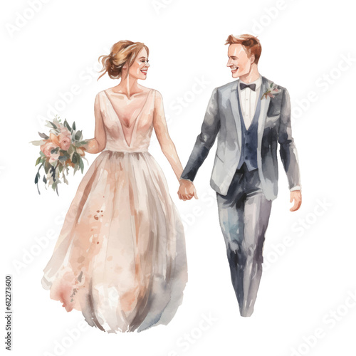 Watercolor illustration of newlyweds bride and groom happy running holding hands.